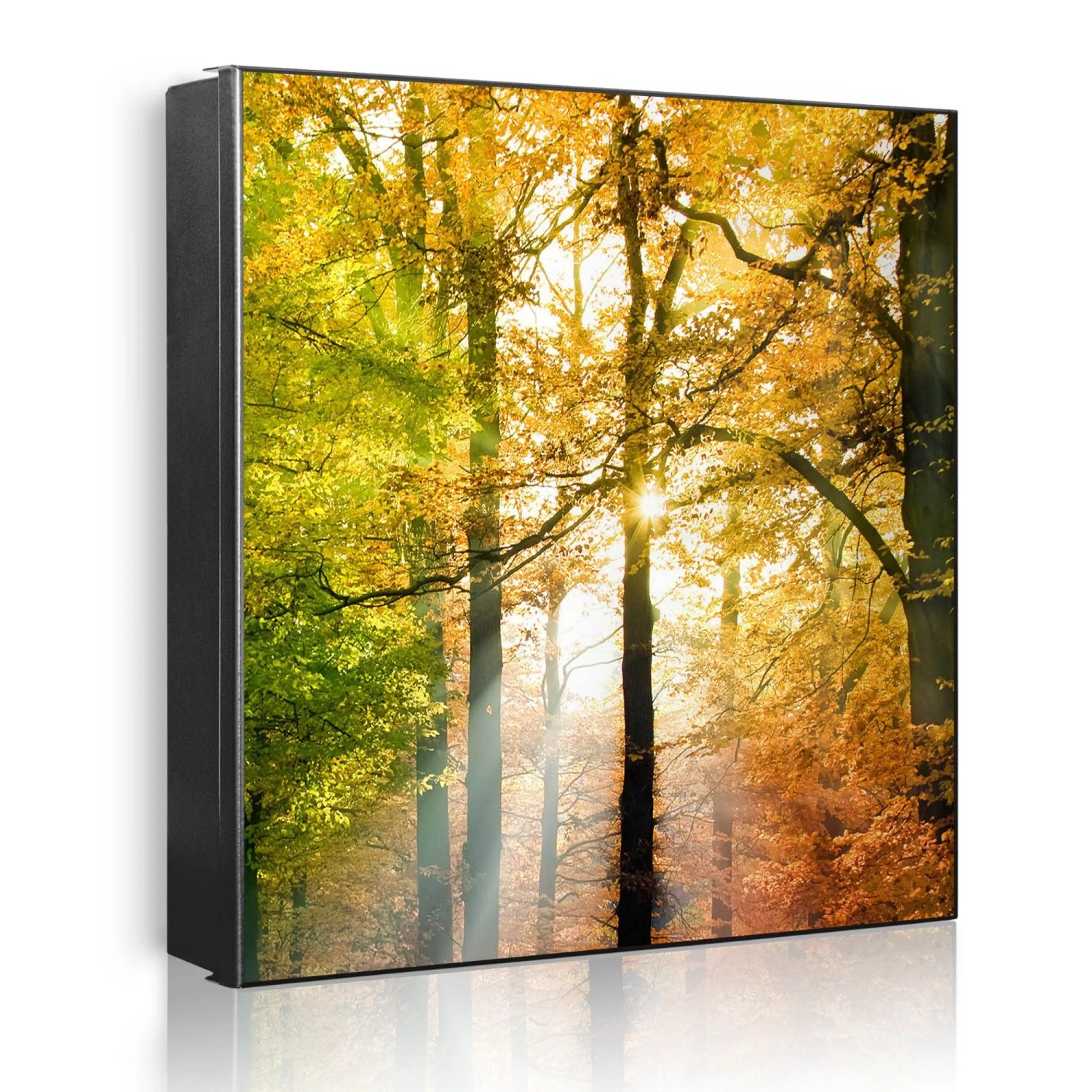 Banjado Großer Schlüsselkasten Metall 30x30cm Schwarz Scharnier Links 50 Haken Beschreibbar Magnetisch Motiv Herbstwald