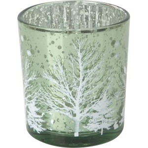 Mehrfarbiges Teelichtglas mit Baum-Motiv, Ø 7 cm, für stimmungsvolle Weihnachtsdekoration.