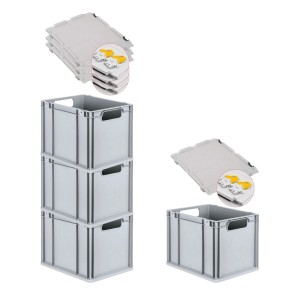 PROREGAL Spar Set: 4 graue Euroboxen mit Deckel und gelben Verschlüssen, 30 Liter.