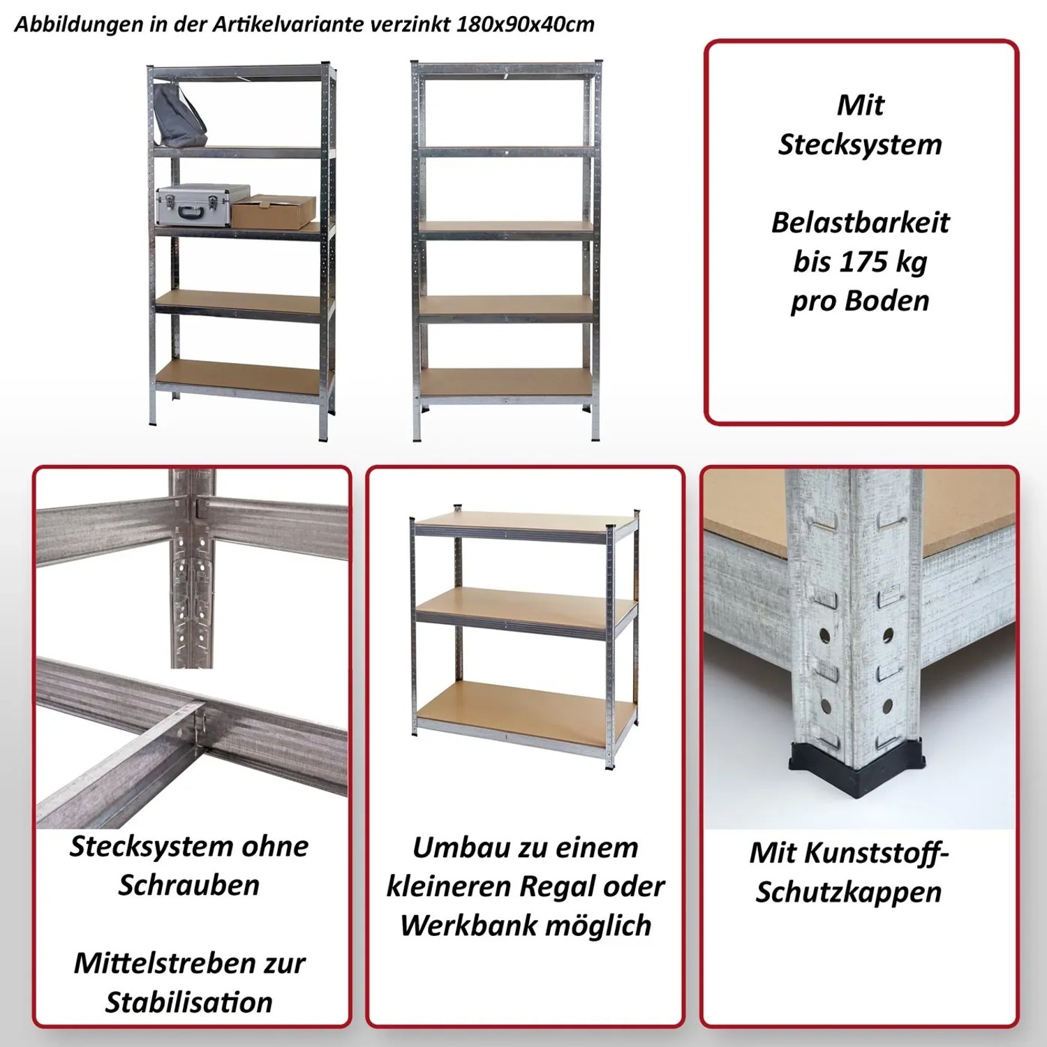 Schwarzes MCW Schwerlastregal 180x90x40cm mit 5 Böden und Stecksystem.