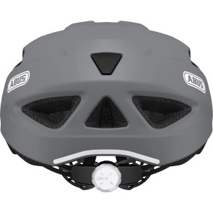 Grauer Abus Fahrradhelm City M mit Reflektor und Belüftungsöffnungen.