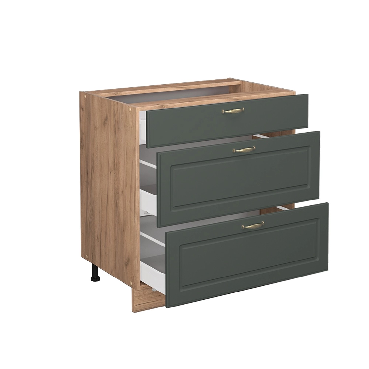 Küchenunterschrank Grün-Gold/Eiche, 80cm, 3 Schubladen, Landhausstil. Ohne Arbeitsplatte.