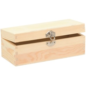 Rechteckige Holzbox aus Kiefernholz (20x8,5x7,5cm) mit Verschluss für Malzubehör.
