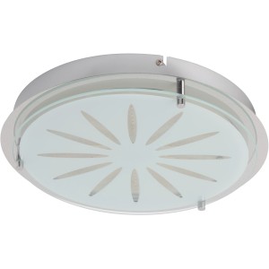 Moderne LED Deckenleuchte Cathleen, 15W, Chrom mit Glas-Schirm und floralem Muster.