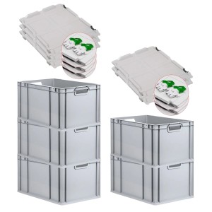 PROREGAL SuperSparSet: Graue Euroboxen mit Deckel und grünen Verschlüssen, gestapelt.