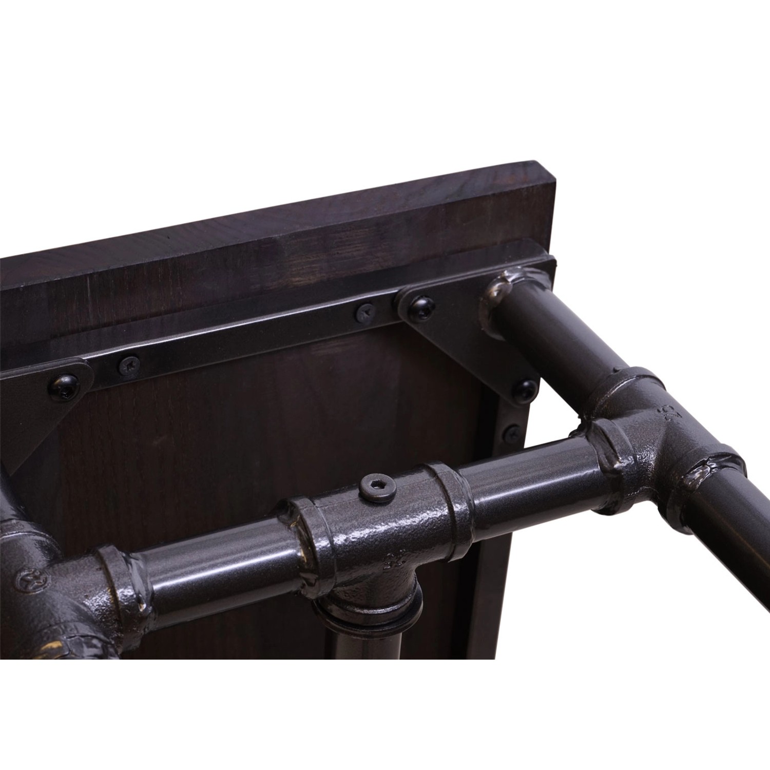 Detailansicht: MCW Sitzbank H10b mit Holzfläche und schwarzem Metallgestell im Industrie-Stil.