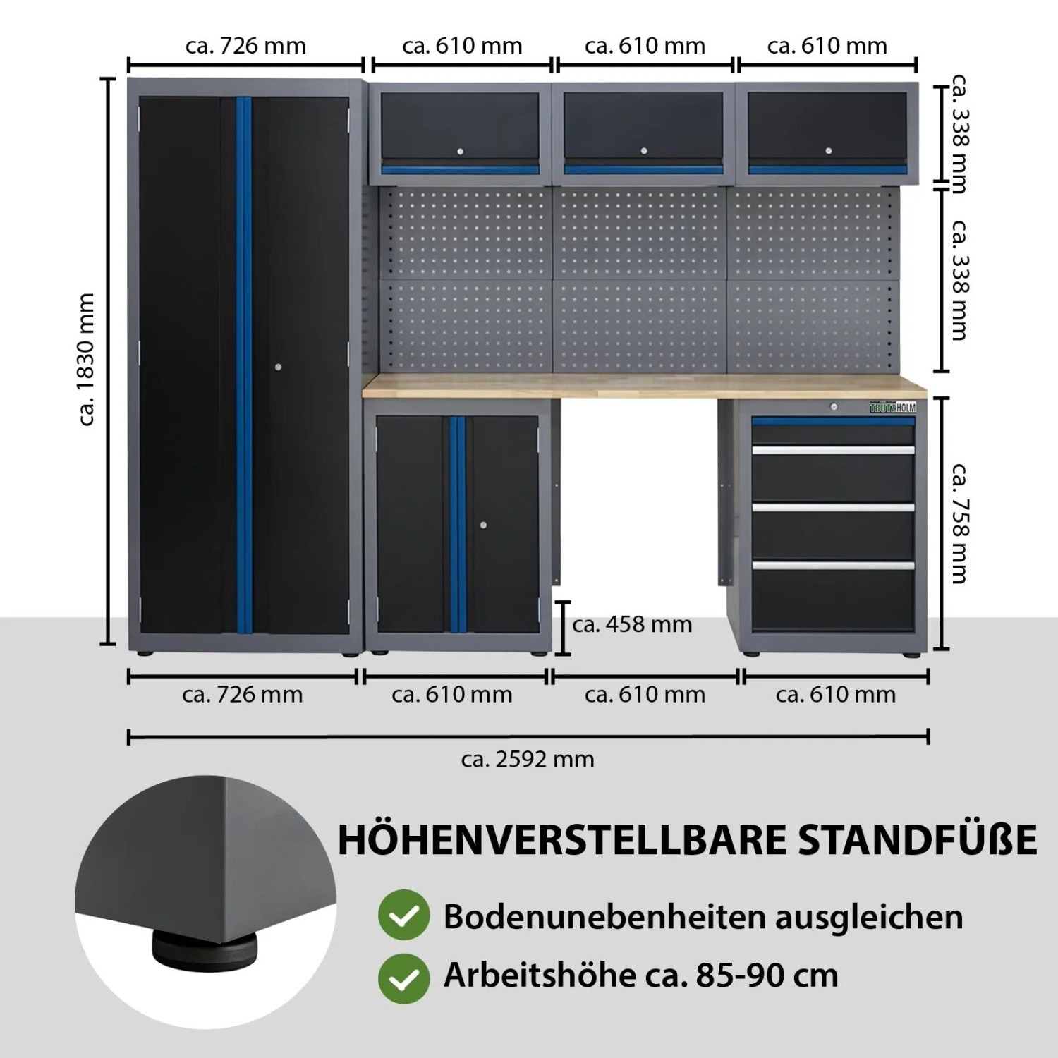 TRUTZHOLM Werkstattwand, 13-teilig, blau. Modulares Werkstattschranksystem aus Stahl mit Lochwand.