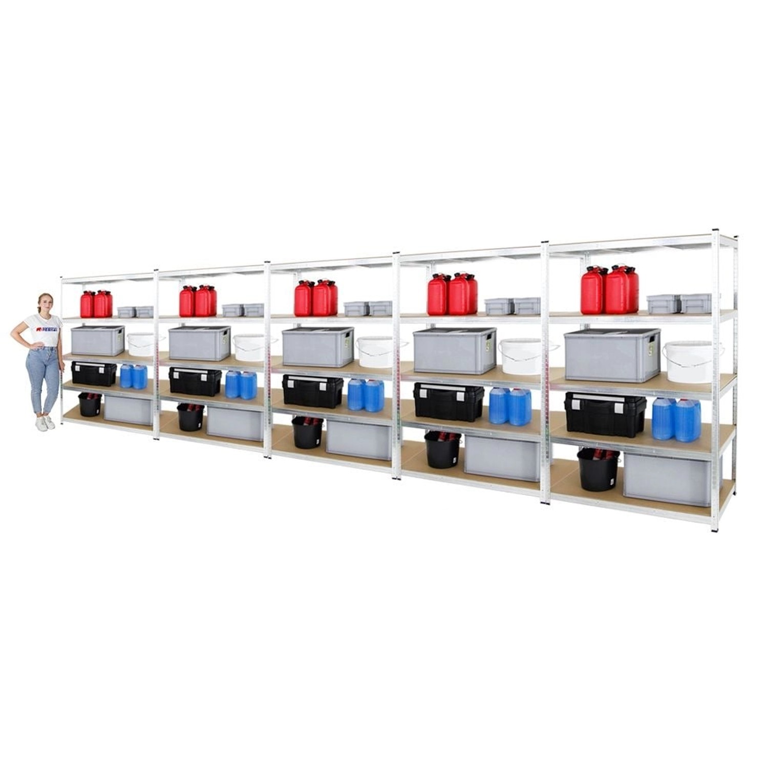 PROREGAL Mega Deal: 5 verzinkte Schwerlastregale (180x120x60cm) mit je 5 Böden, beladen mit Boxen und Kanistern.