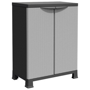 Grauer Kunststoffschrank im Rattan-Design, 68x39x92 cm, ideal für Büro oder Garage.