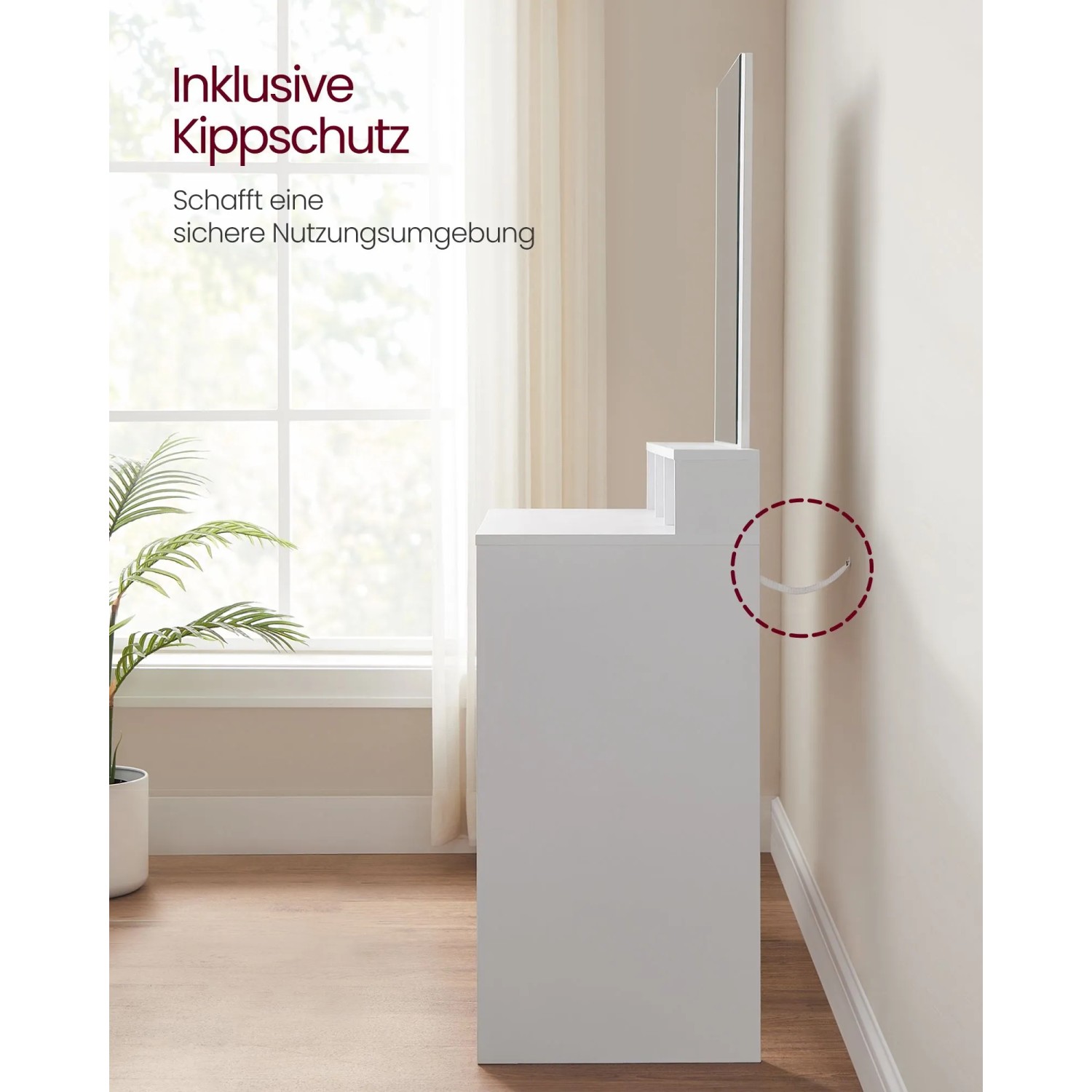 Weißer Vasagle Schminktisch mit Spiegel und Kippschutz an der Wand befestigt.