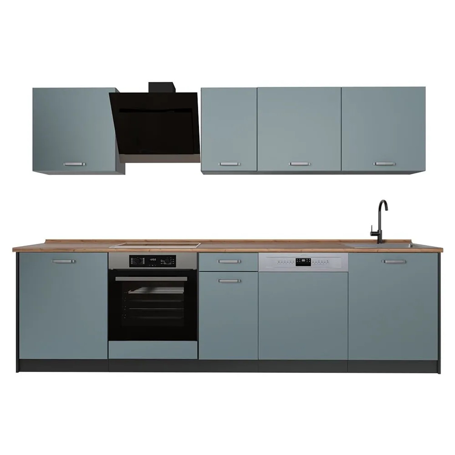 Vicco Küchenzeile R-Line Blau-Grau/Anthrazit 280 x 207 Arbeitsplatte Goldkraft Eiche Art Nr 67158