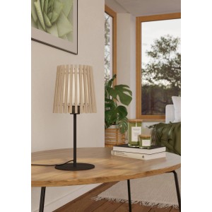 Eglo Tischleuchte Fattoria in Schwarz, Braun und Weiss. Design-Tischlampe mit Holz- und Textilschirm.