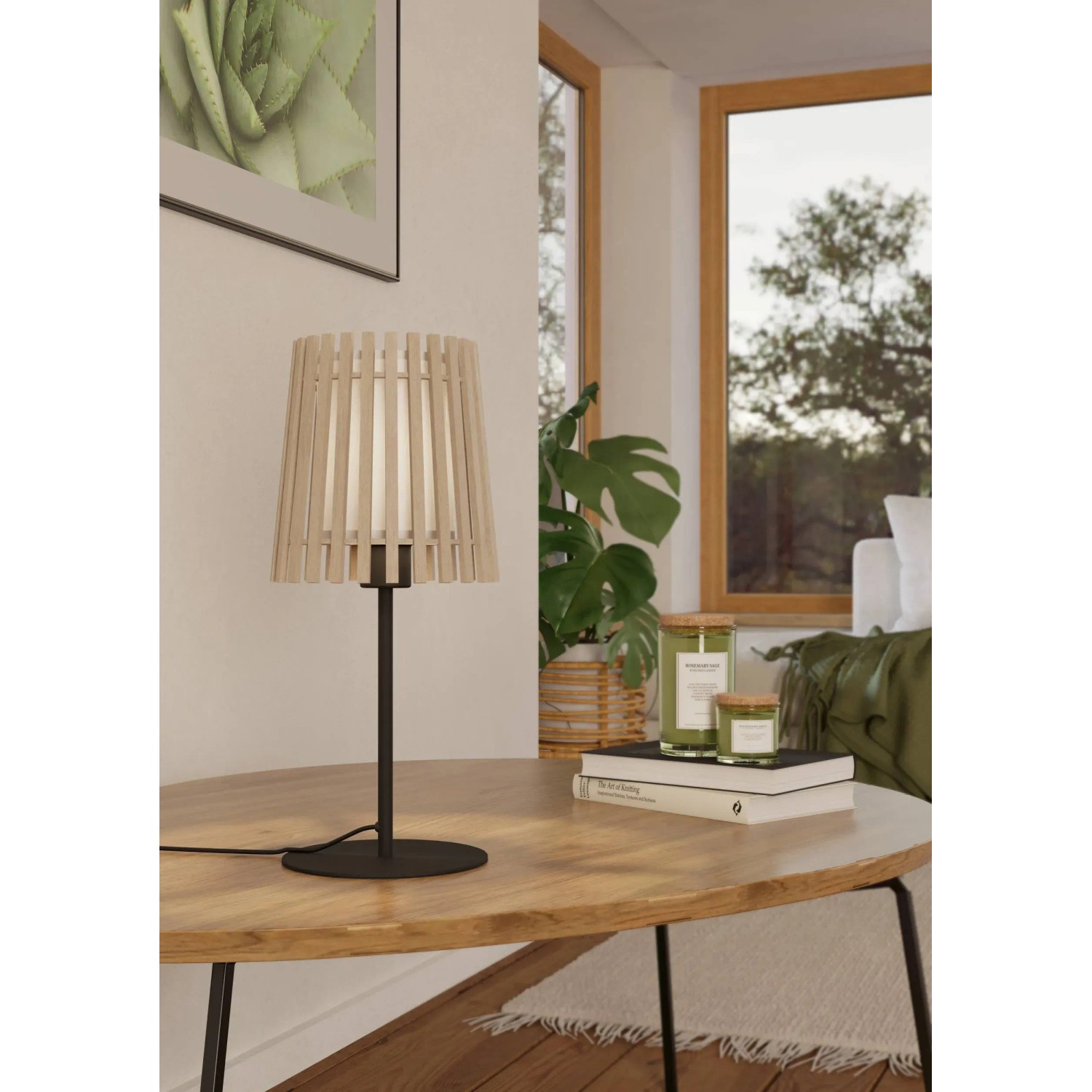 Eglo Tischleuchte Fattoria in Schwarz, Braun und Weiss. Design-Tischlampe mit Holz- und Textilschirm.