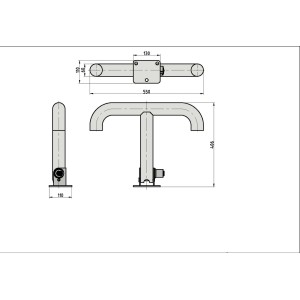 Technische Zeichnung: Basi Absperrpfosten KFZ 112, umlegbar und abschließbar, mit Maßen.