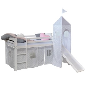 Homestyle4u Hochbett mit Rutsche, Turm und Vorhang mit Sternenmuster in Weiß.