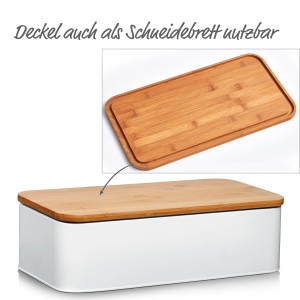 Weißer Zeller Brotkasten aus Metall mit Bambusdeckel, der auch als Schneidebrett dient.