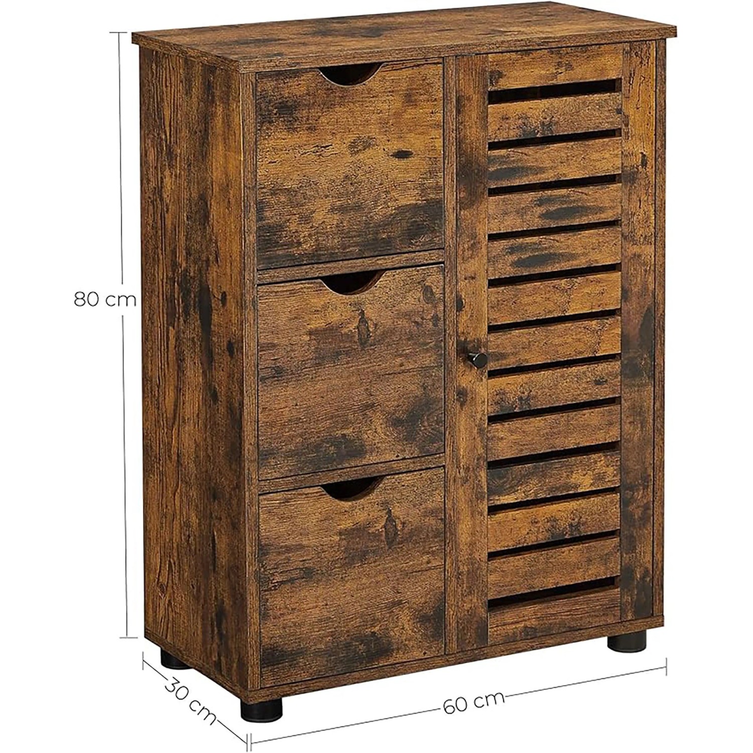 Songmics Badezimmerschrank Hanis, braunes Bad-Standregal mit 3 Schubladen und Tür.