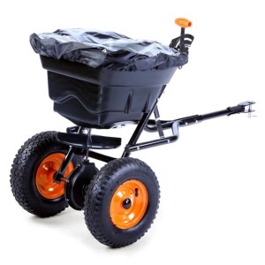FUXTEC FX-GS36S Streuanhänger, schwarz, 36kg Volumen, orange Räder, Regenschutz, Anhängerkupplung. Für Saatgut, Salz.