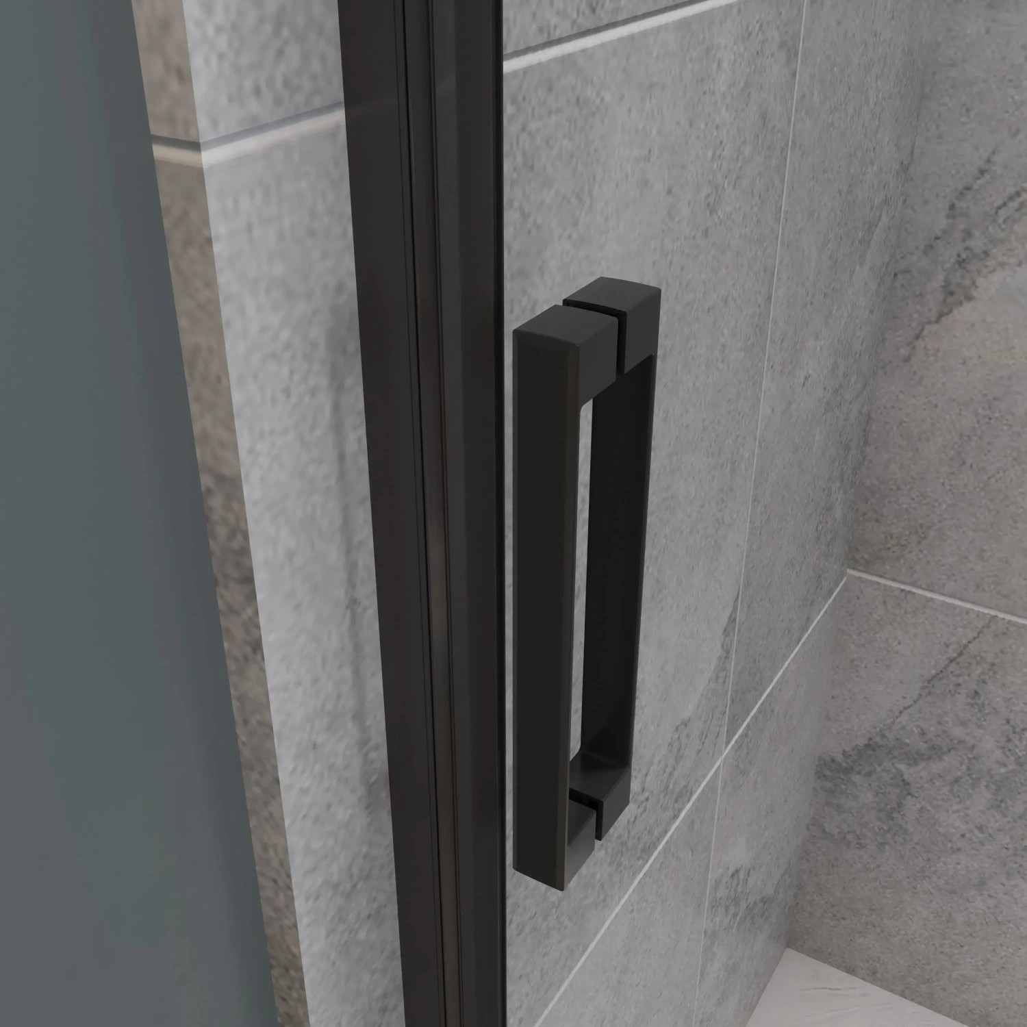 Detailaufnahme: Schwarze AICA Duschkabine Drehtür mit Griff und 6mm Nanoglas Duschwand.