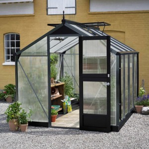 Juliana Gewächshaus Compact 8 Anthrazit mit geöffneter Tür und Pflanzen im Inneren.