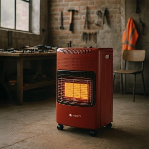 Roter Juskys Gasheizer GS42US mit leuchtendem Heizelement und Rollen in Werkstatt. Mobile Gasheizung für Wärme.