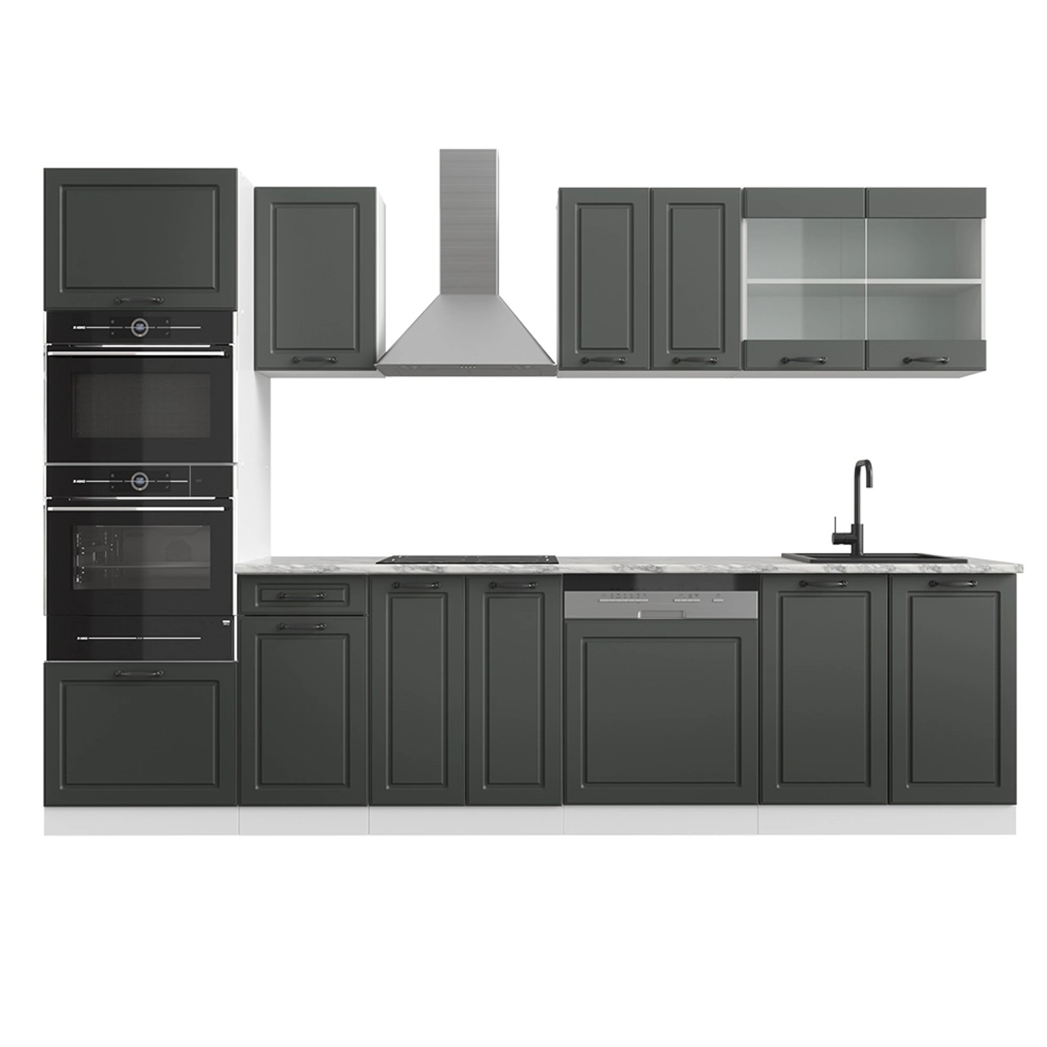 Vicco R-Line Küchenzeile Anthrazit Landhaus/Weiß 300 cm mit Hochschrankohne günstig online kaufen