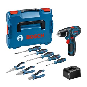 Bosch Professional Akku-Bohrschrauber GSR 12V-15 Set mit L-Boxx, Akku, Ladegerät, Schraubendrehern und Zangen.