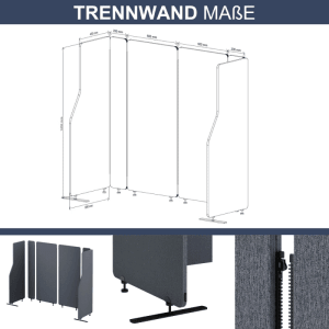 DELUKE Akustik-Trennwand, anthrazit, 145x280cm, für Büro & Open Space, Schallschutz & Sichtschutz.