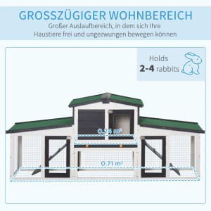 PawHut Kleintierstall mit Freigehege, dunkelgrau-weiß, 2-stöckig, mit grünem Dach für 2-4 Kaninchen.