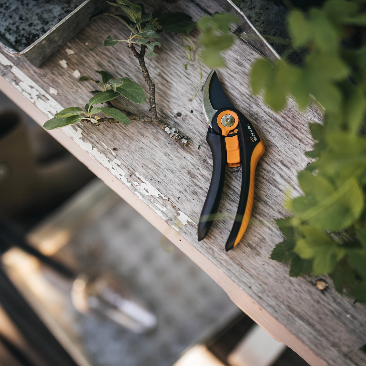 Fiskars Gartenschere Plus SmartFit P541 auf Holzuntergrund mit abgeschnittenem Ast.