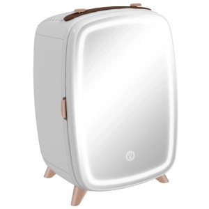 Weißer HOMCOM Kosmetik Mini Kühlschrank mit beleuchtetem Spiegel und LED-Licht. Ideal für Beauty-Produkte.