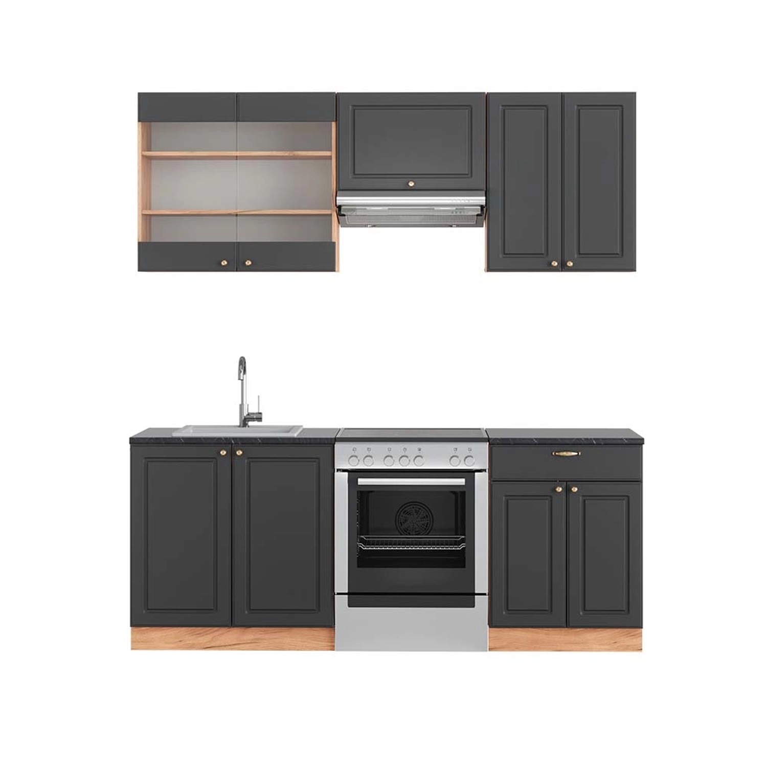 Vicco Fame-Line Küchenzeile Anthrazit Landhaus/Goldkraft Eiche 200 cm AP An günstig online kaufen