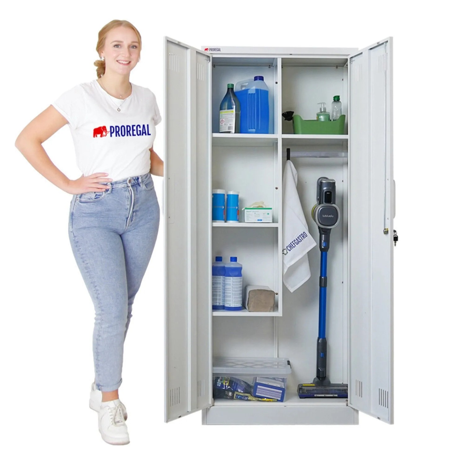 PROREGAL Flügeltürenschrank Rhino Mit 2 Türen Abschließbar HxBxT 170x70x30cm 5 Fächern & Kleiderstange Stahl Pulverbeschichtet Weiß Putzmittelschrank_3