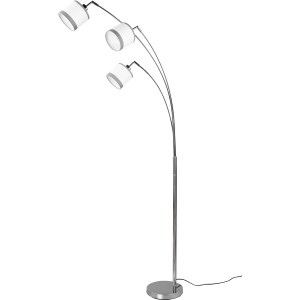 Moderne Reality Stehleuchte Davos mit 3 Leuchten, Chrom-Gestell und weiß-grauen Stoffschirmen.