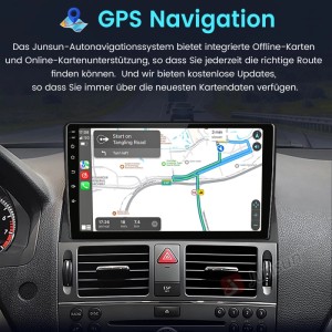Junsun Autoradio mit GPS Navigation im Mercedes Benz W204/S204. Großes Display zeigt detaillierte Routenkarte.