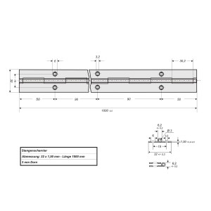 Technische Zeichnung SOTECH Stangenscharnier, Edelstahl matt, 1000x32x1,5mm, 3mm Dorn. Maße für Möbelbau.