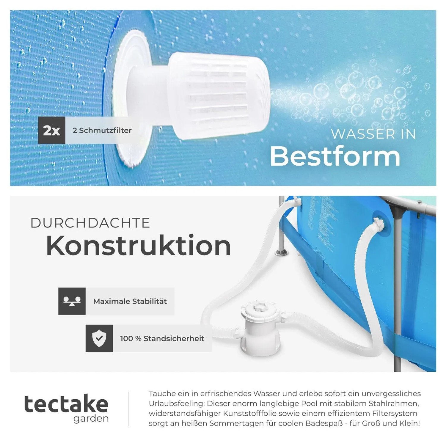 Detailaufnahme des Tectake Swimming Pools mit Filterpumpe und Stahlrahmen, blaue Poolfolie.