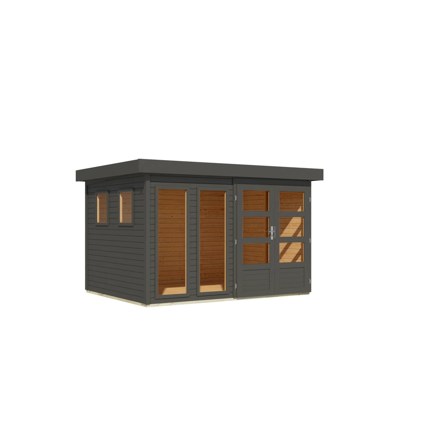 Karibu Gartenhaus Maradi 5, terragrau, mit Flachdach, Fenster und Doppeltür. Ideal als Holz-Gartenhaus.