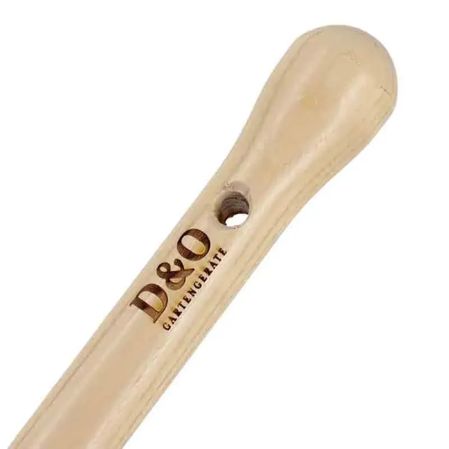 Detailaufnahme des Knopfstiels vom D&O Unkrautstecher, Holz mit Aufhängeloch.