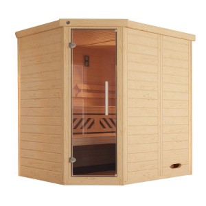 Weka Massivholz Elementsauna Kemi Eck mit Glastür und Saunaofen, naturbelassenes Fichtenholz.