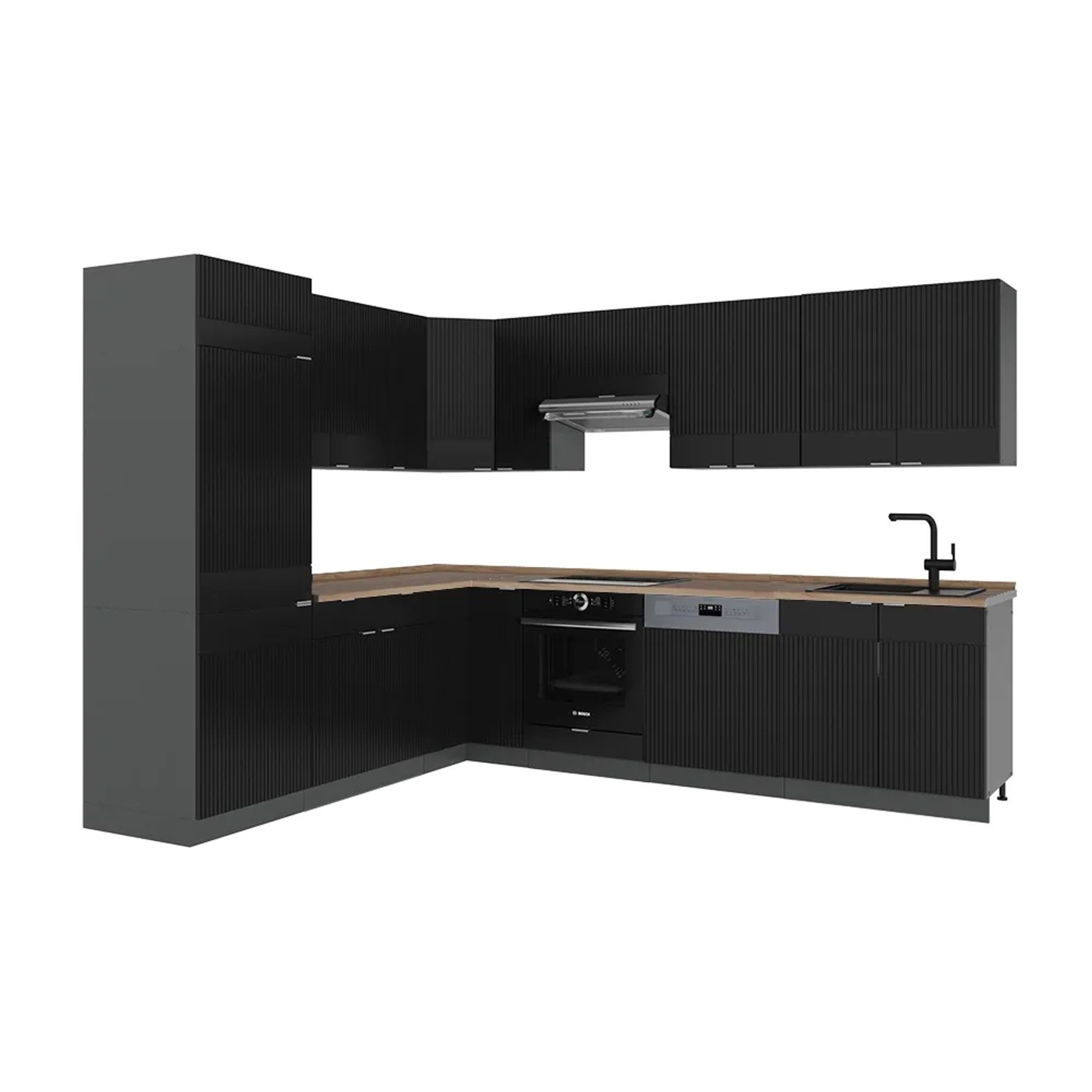 Vicco Fame-Line Eckküche Schwarz gestreift/Anthrazit 227 x 287 cm AP Eiche ohne E-Geräte