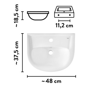 Technische Zeichnung: Weißes baliv Waschtisch Glasgow, 48 cm breit, mit Maßangaben.