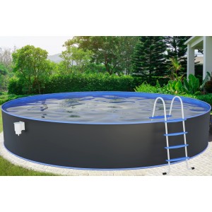Grauer Steinbach Stahlwandpool Nuovo, Ø 350 cm mit Leiter im Garten.