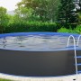 Grauer Steinbach Stahlwandpool Nuovo, Ø 350 cm mit Leiter im Garten.
