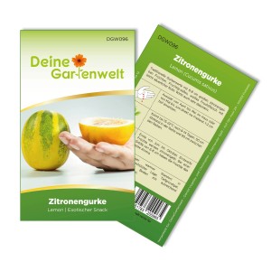 Samenpackung für Deine Gartenwelt Zitronengurke Lemon. Gelbe, runde Gurke auf der Vorderseite.