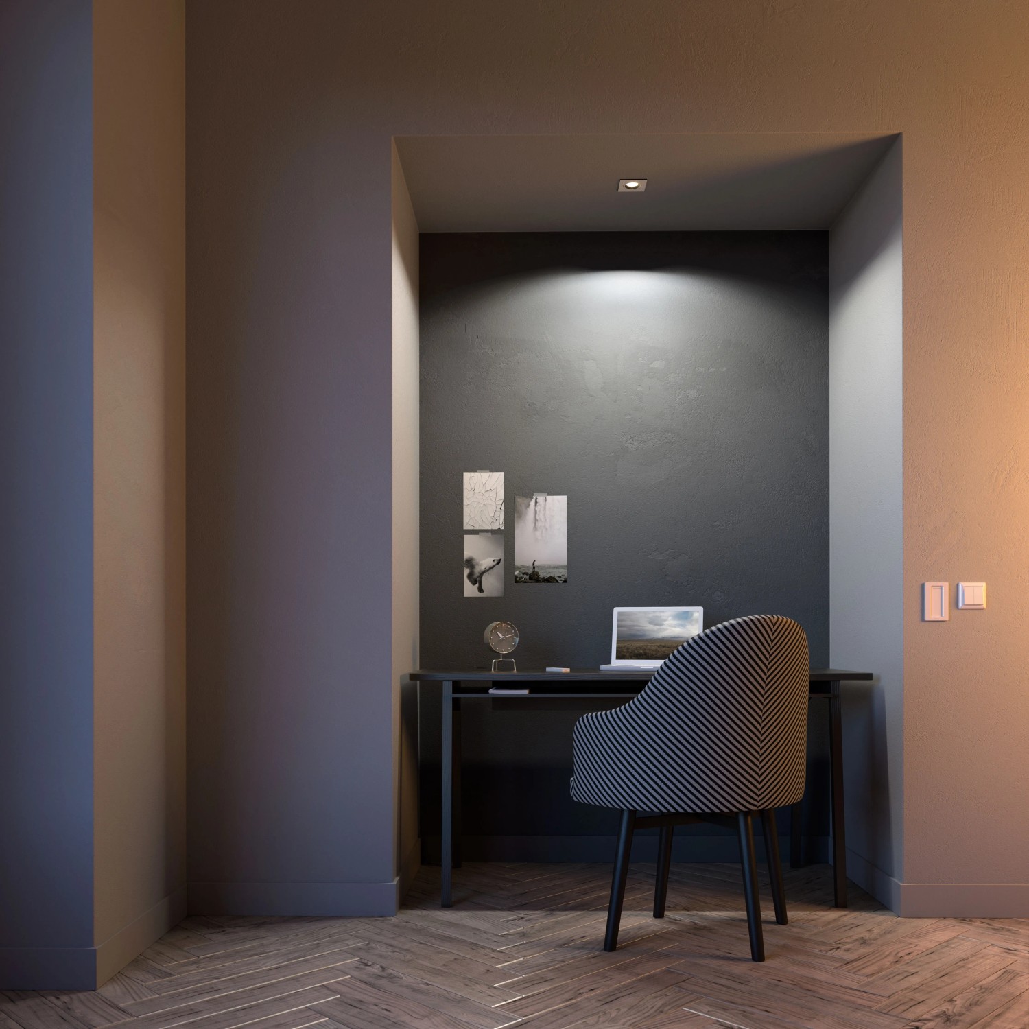 Rechteckiger, weißer Philips Hue LED-Einbauspot Milliskin mit Dimmschalter in einem Arbeitszimmer.