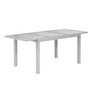 Ausziehbarer, silberner Merxx Gartentisch mit Glasplatte, 120/180x90 cm.