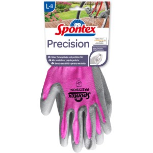 Spontex Precision Handschuhe Gr. 8, grau und pink, für feine Arbeiten mit Werkzeug und Kleinteilen.