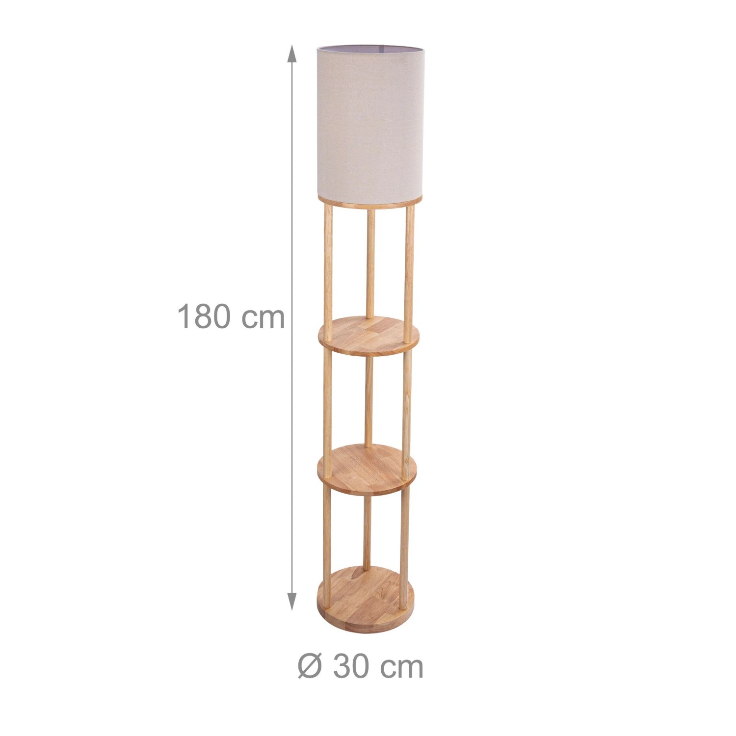 Relaxdays Stehlampe aus Holz mit drei Ablagen und Leinenschirm, naturweiß, 180 cm hoch.