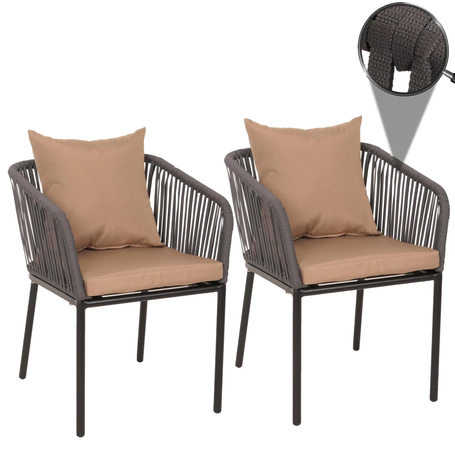Zwei anthrazitfarbene Gartenstühle mit Seilgeflecht und taupefarbenen Kissen. Stabiles Aluminiumgestell, 2er-Set.
